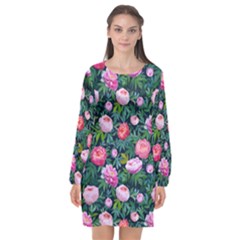 Delicate Watercolor Peony Long Sleeve Chiffon Shift Dress  by SychEva