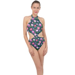 Delicate Watercolor Peony Halter Side Cut Swimsuit by SychEva