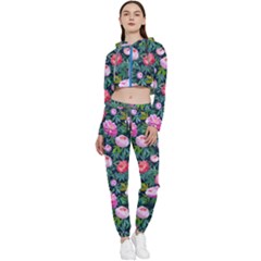 Delicate Watercolor Peony Cropped Zip Up Lounge Set by SychEva