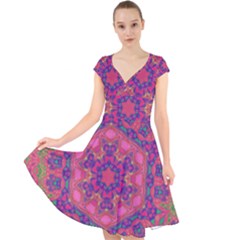 Purple Flower Cap Sleeve Front Wrap Midi Dress