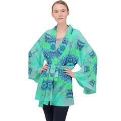 Blue Green  Twist Long Sleeve Velvet Kimono  by LW323