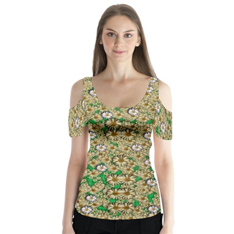 Florals In The Green Season In Perfect  Ornate Calm Harmony Butterfly Sleeve Cutout Tee  by pepitasart