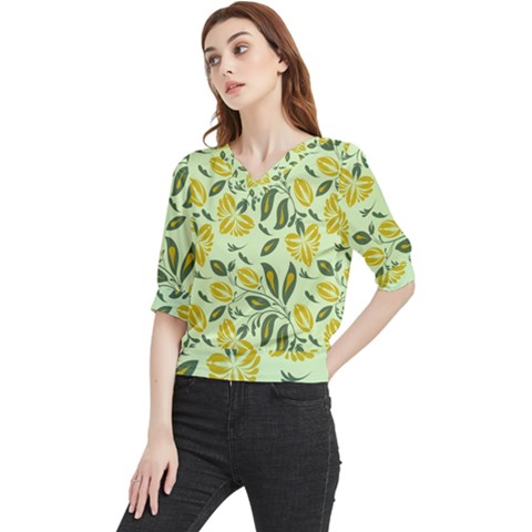 Folk Floral Pattern  Abstract Flowers Surface Design  Seamless Pattern Quarter Sleeve Blouse by Eskimos