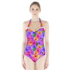 Watercolor Flowers  Multi-colored Bright Flowers Halter Swimsuit by SychEva