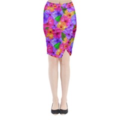 Watercolor Flowers  Multi-colored Bright Flowers Midi Wrap Pencil Skirt by SychEva