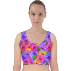 Watercolor Flowers  Multi-colored Bright Flowers Velvet Racer Back Crop Top by SychEva