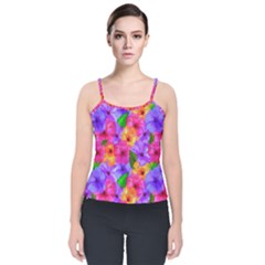 Watercolor Flowers  Multi-colored Bright Flowers Velvet Spaghetti Strap Top by SychEva