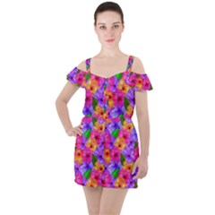 Watercolor Flowers  Multi-colored Bright Flowers Ruffle Cut Out Chiffon Playsuit by SychEva