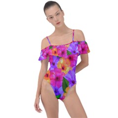 Watercolor Flowers  Multi-colored Bright Flowers Frill Detail One Piece Swimsuit by SychEva