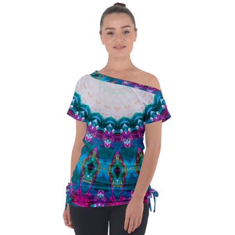 Peacock Off Shoulder Tie-up Tee by LW323