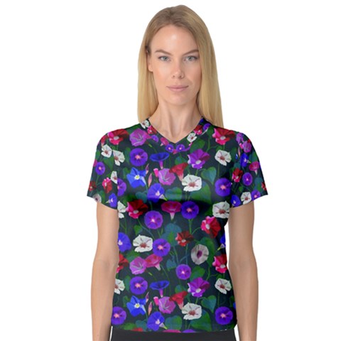 Watercolor Flowers  Bindweed  Liana V-neck Sport Mesh Tee by SychEva