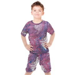 Violet Feathers Kids  Tee And Shorts Set by kaleidomarblingart