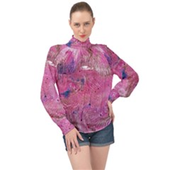 Pink Feathers High Neck Long Sleeve Chiffon Top by kaleidomarblingart