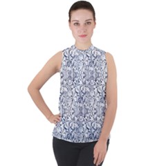 Pretty Porcelain Mock Neck Chiffon Sleeveless Top