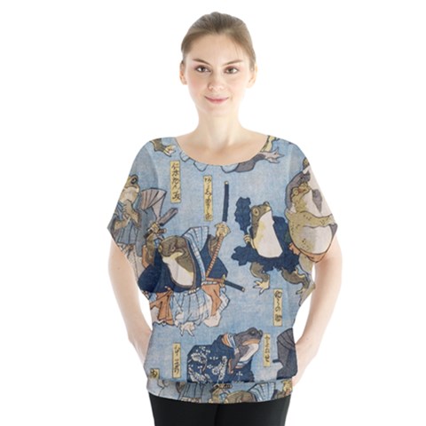 Famous Heroes Of The Kabuki Stage Played By Frogs  Batwing Chiffon Blouse by Sobalvarro