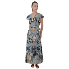 Famous heroes of the kabuki stage played by frogs  Flutter Sleeve Maxi Dress