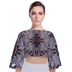 Turquoise Black Arabesque Repeats Tie Back Butterfly Sleeve Chiffon Top