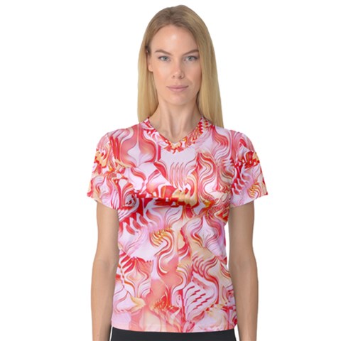 Cherry Blossom Cascades Abstract Floral Pattern Pink White  V-neck Sport Mesh Tee by CrypticFragmentsDesign