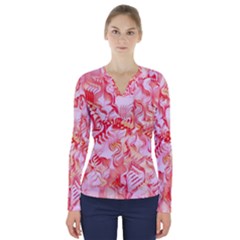 Cherry Blossom Cascades Abstract Floral Pattern Pink White  V-neck Long Sleeve Top by CrypticFragmentsDesign