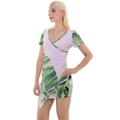 Palm Leaves On Pink Short Sleeve Asymmetric Mini Dress by goljakoff