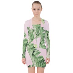 Palm Leaves On Pink V-neck Bodycon Long Sleeve Dress by goljakoff