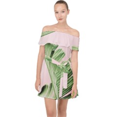 Palm Leaves On Pink Off Shoulder Chiffon Dress by goljakoff