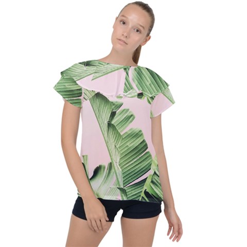 Palm Leaves On Pink Ruffle Collar Chiffon Blouse by goljakoff