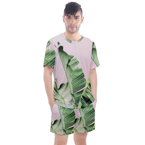 Palm Leaves On Pink Men s Mesh Tee And Shorts Set by goljakoff