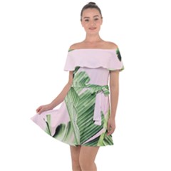 Palm Leaves On Pink Off Shoulder Velour Dress