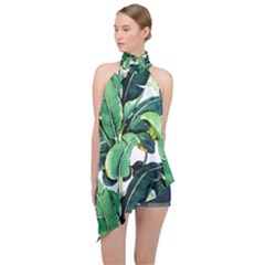 Banana Leaves Halter Asymmetric Satin Top by goljakoff