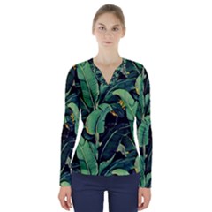 Night Banana Leaves V-neck Long Sleeve Top by goljakoff