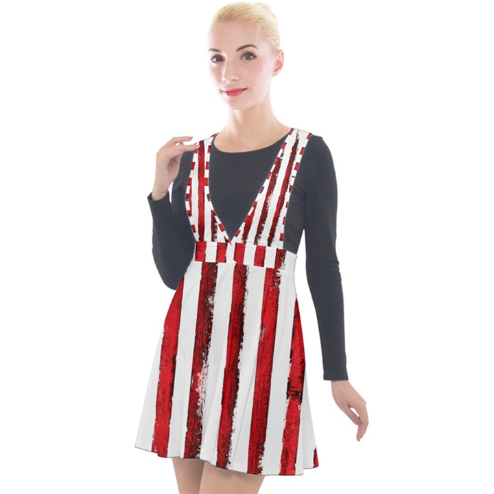 Red stripes Plunge Pinafore Velour Dress