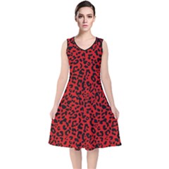Red And Black Leopard Spots, Animal Fur V-neck Midi Sleeveless Dress  by Casemiro