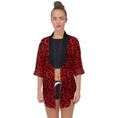 Red And Black Leopard Spots, Animal Fur Open Front Chiffon Kimono by Casemiro