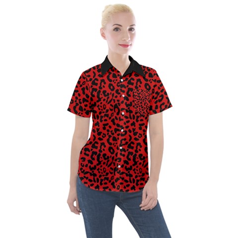 Red And Black Leopard Spots, Animal Fur Women s Short Sleeve Pocket Shirt by Casemiro