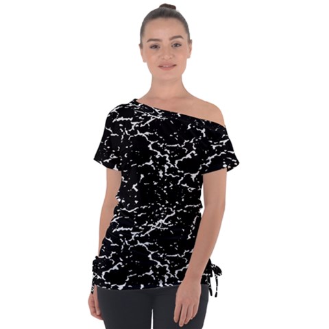 Black And White Grunge Abstract Print Off Shoulder Tie-up Tee by dflcprintsclothing