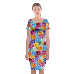 Pansies  Watercolor Flowers Classic Short Sleeve Midi Dress by SychEva