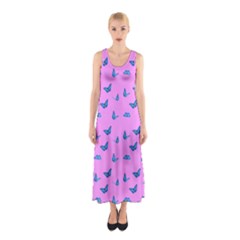 Blue butterflies at pastel pink color background Sleeveless Maxi Dress