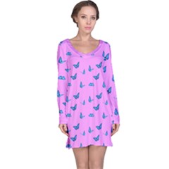 Blue butterflies at pastel pink color background Long Sleeve Nightdress