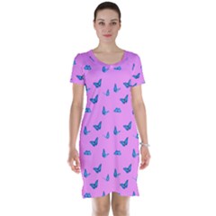 Blue butterflies at pastel pink color background Short Sleeve Nightdress