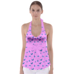 Blue butterflies at pastel pink color background Babydoll Tankini Top