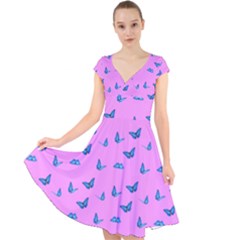 Blue Butterflies At Pastel Pink Color Background Cap Sleeve Front Wrap Midi Dress by Casemiro