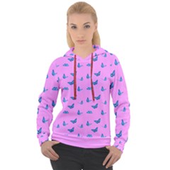 Blue Butterflies At Pastel Pink Color Background Women s Overhead Hoodie by Casemiro