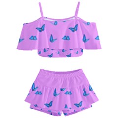 Blue Butterflies At Pastel Pink Color Background Kids  Off Shoulder Skirt Bikini by Casemiro