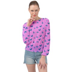 Blue Butterflies At Pastel Pink Color Background Banded Bottom Chiffon Top by Casemiro