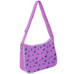 Blue Butterflies At Pastel Pink Color Background Zip Up Shoulder Bag by Casemiro