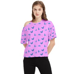 Blue butterflies at pastel pink color background One Shoulder Cut Out Tee