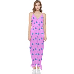 Blue Butterflies At Pastel Pink Color Background Sleeveless Tie Ankle Jumpsuit by Casemiro