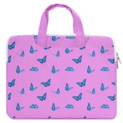 Blue butterflies at pastel pink color background MacBook Pro Double Pocket Laptop Bag