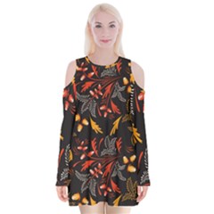 Folk Floral Pattern  Abstract Flowers Surface Design  Seamless Pattern Velvet Long Sleeve Shoulder Cutout Dress by Eskimos